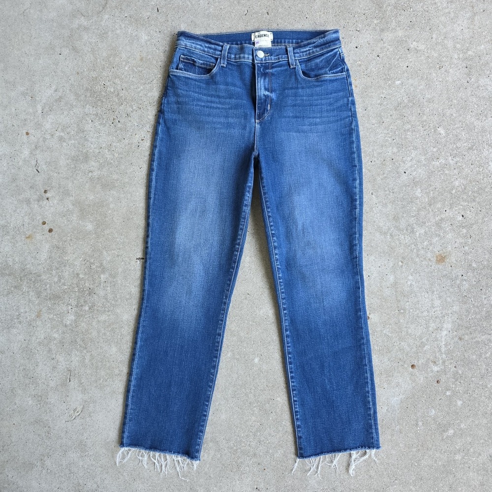L'AGENCE Sada Jeans Size 29 Blue High-Rise Crop Slim Raw Hem Stretch Ankle